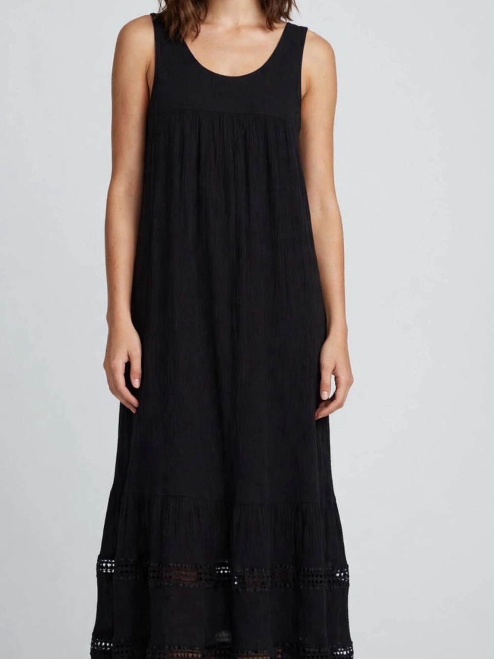 Who What Wear Black Sleeveless Maxi Dress with Crochet Trim